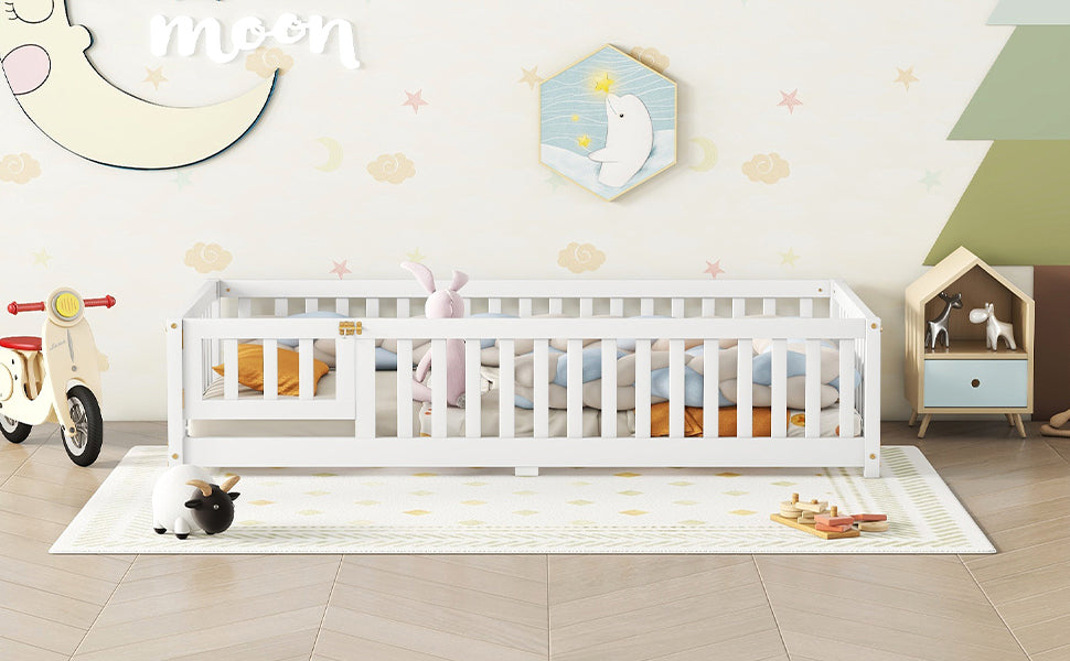 Twin Floor Bed with Guardrails White