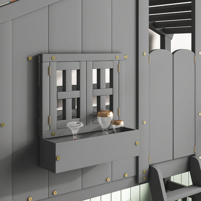 Twin House Bunk Bed with Ladder Grey