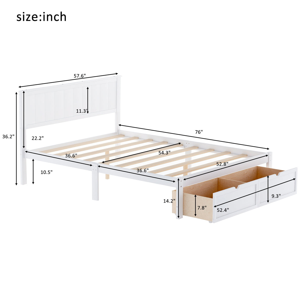 Full Platform Bed with Drawers White