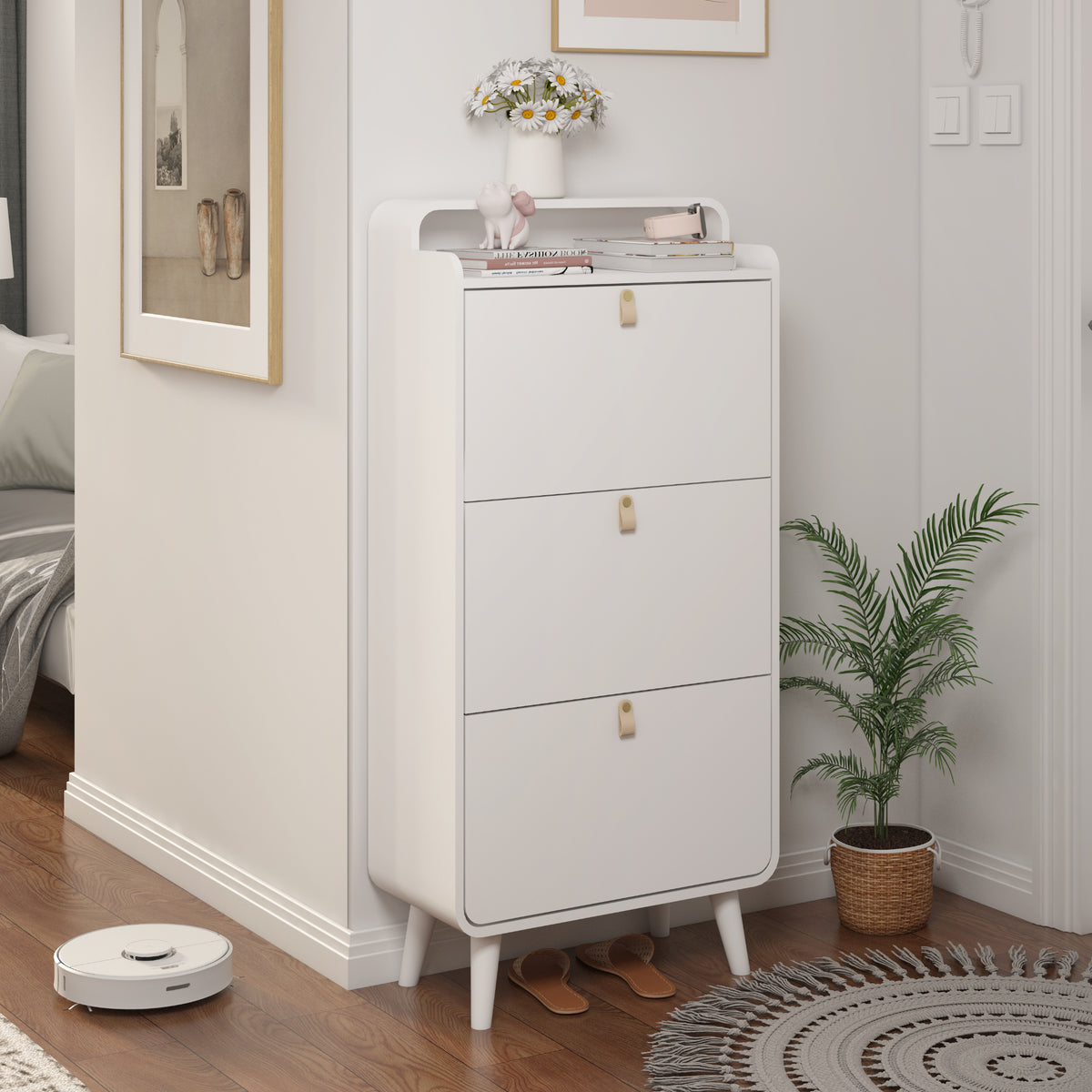 Modern Arc Design Shoe Cabinet White Finish