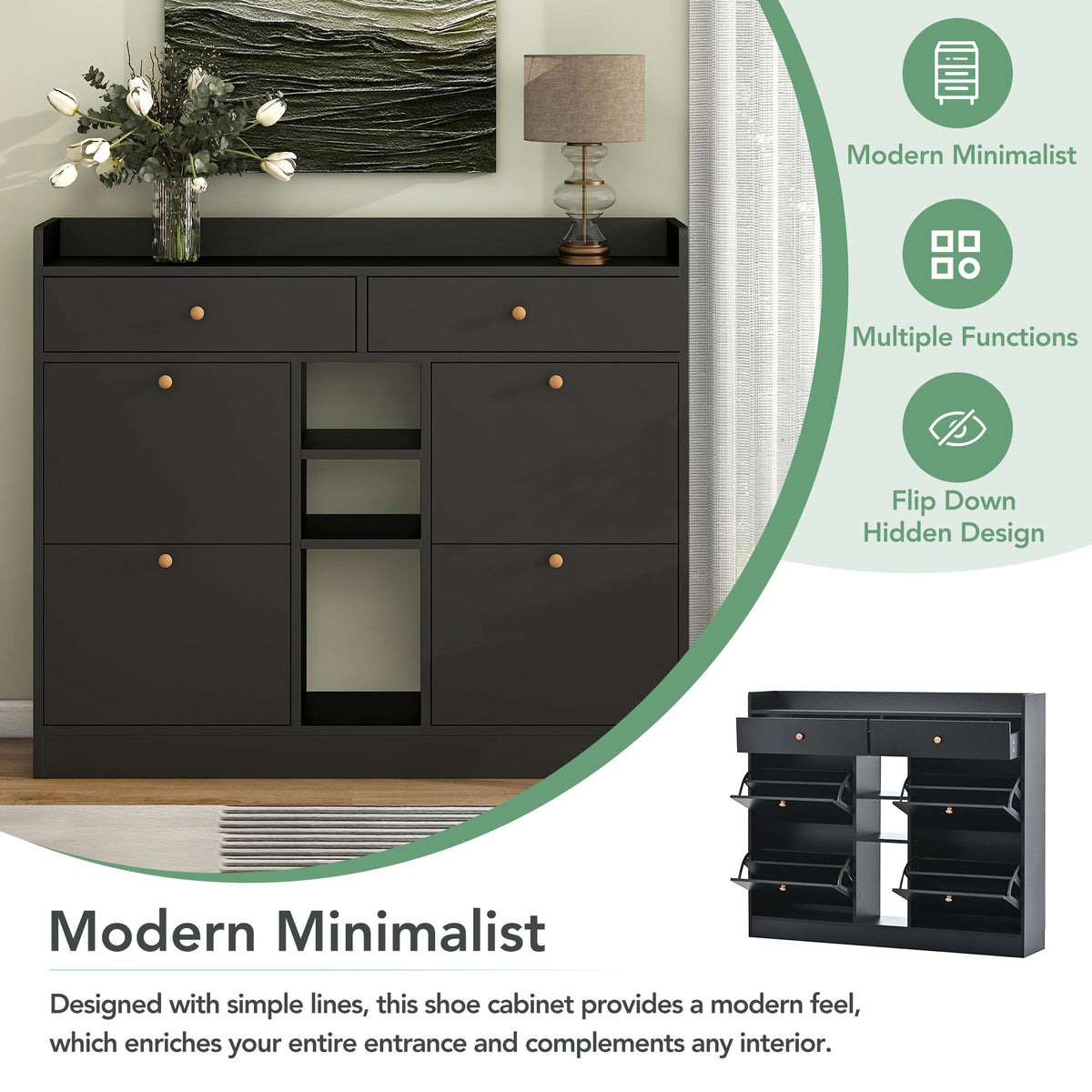 Modern Black Double-Layer Shoe Cabinet with Drawers