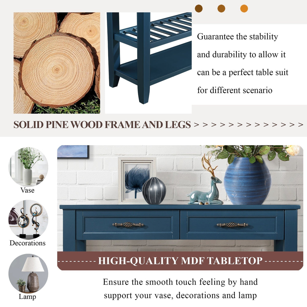 Mid-Century Console Table with Storage Drawers – Navy Blue