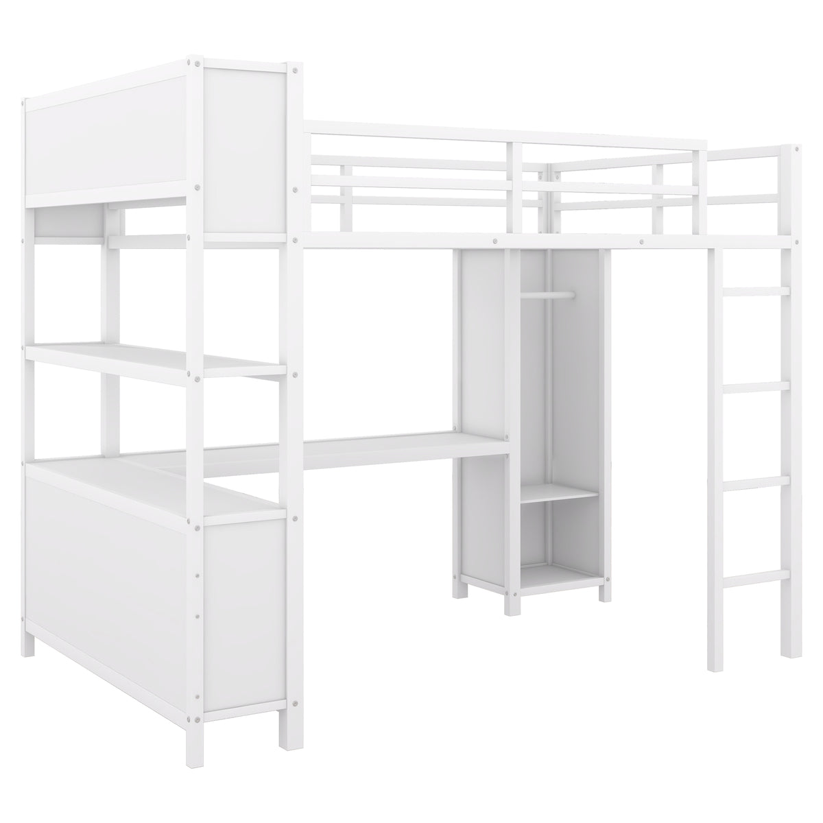 Full Loft Bed with Wardrobe and Shelf White