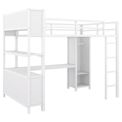Full Loft Bed with Wardrobe and Shelf White