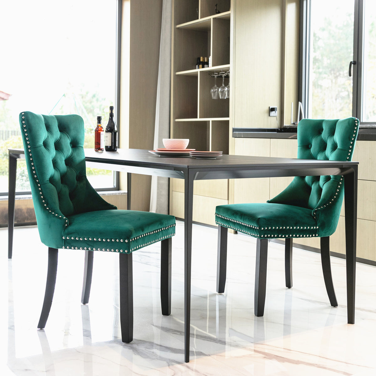 Nikki Tufted Linen Dining Chair Set (2 pcs) – Green