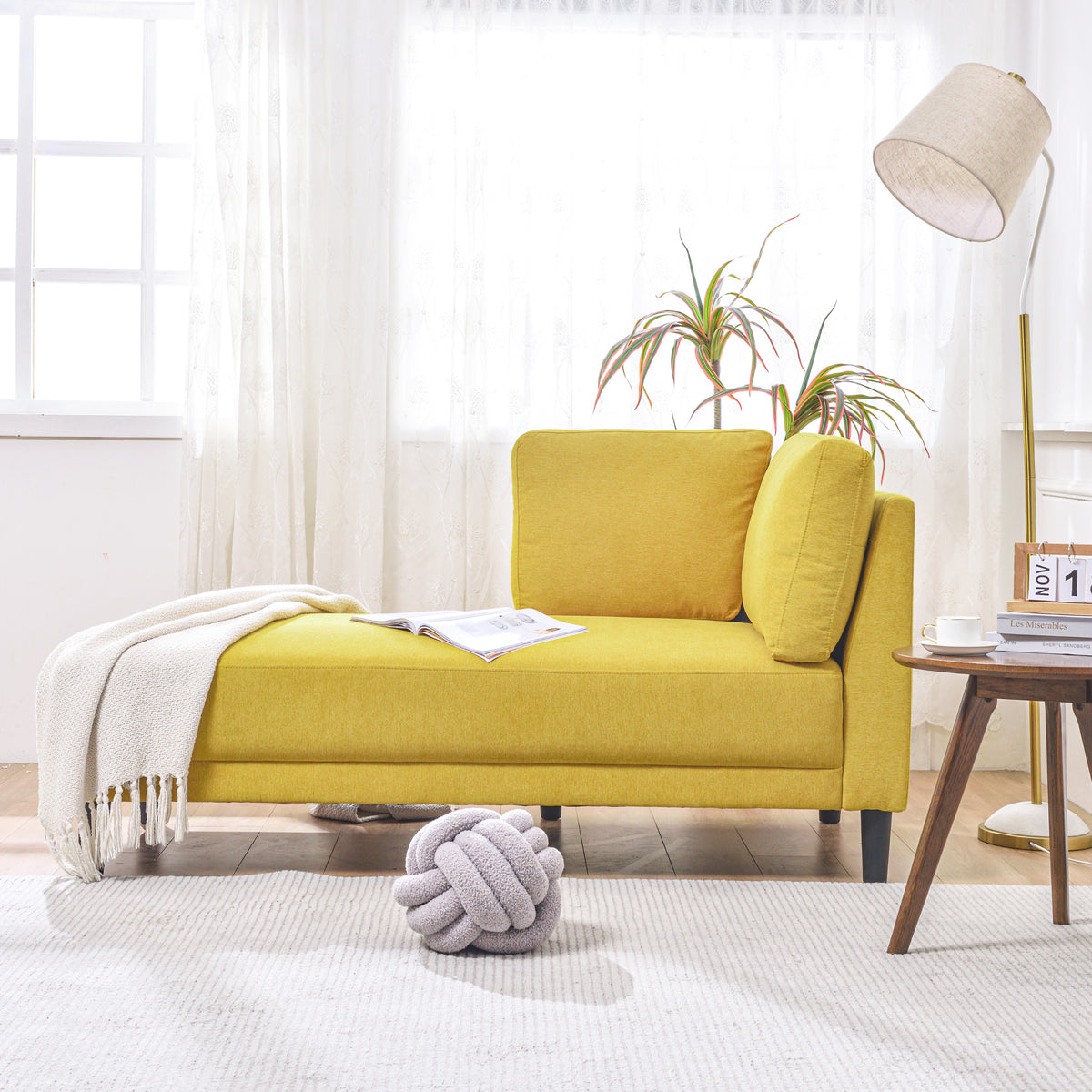 Mid-Century Fabric Chaise Lounge Beige