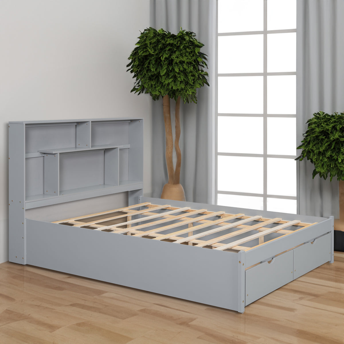 Queen Platform Bed with Storage Drawers Gray