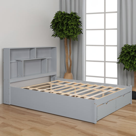 Queen Platform Bed with Storage Drawers Gray