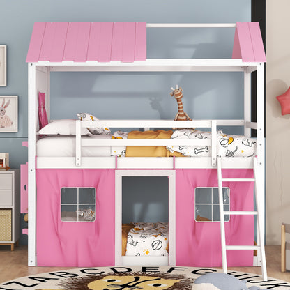 Twin Bunk Bed with Tent Pink White