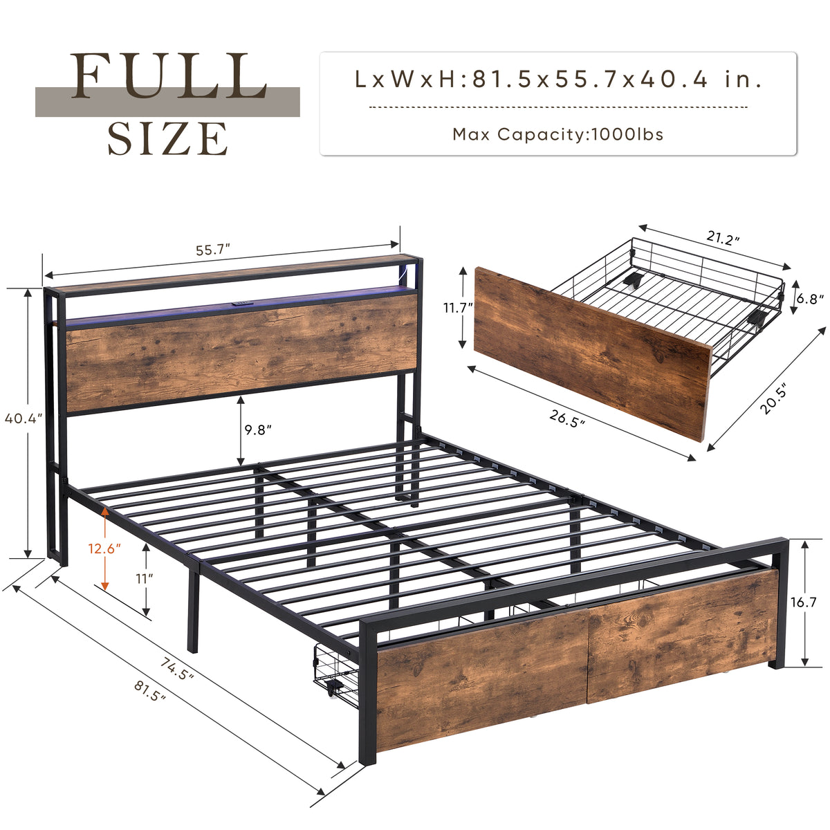 Full Size Storage Bed with LED Charging Station