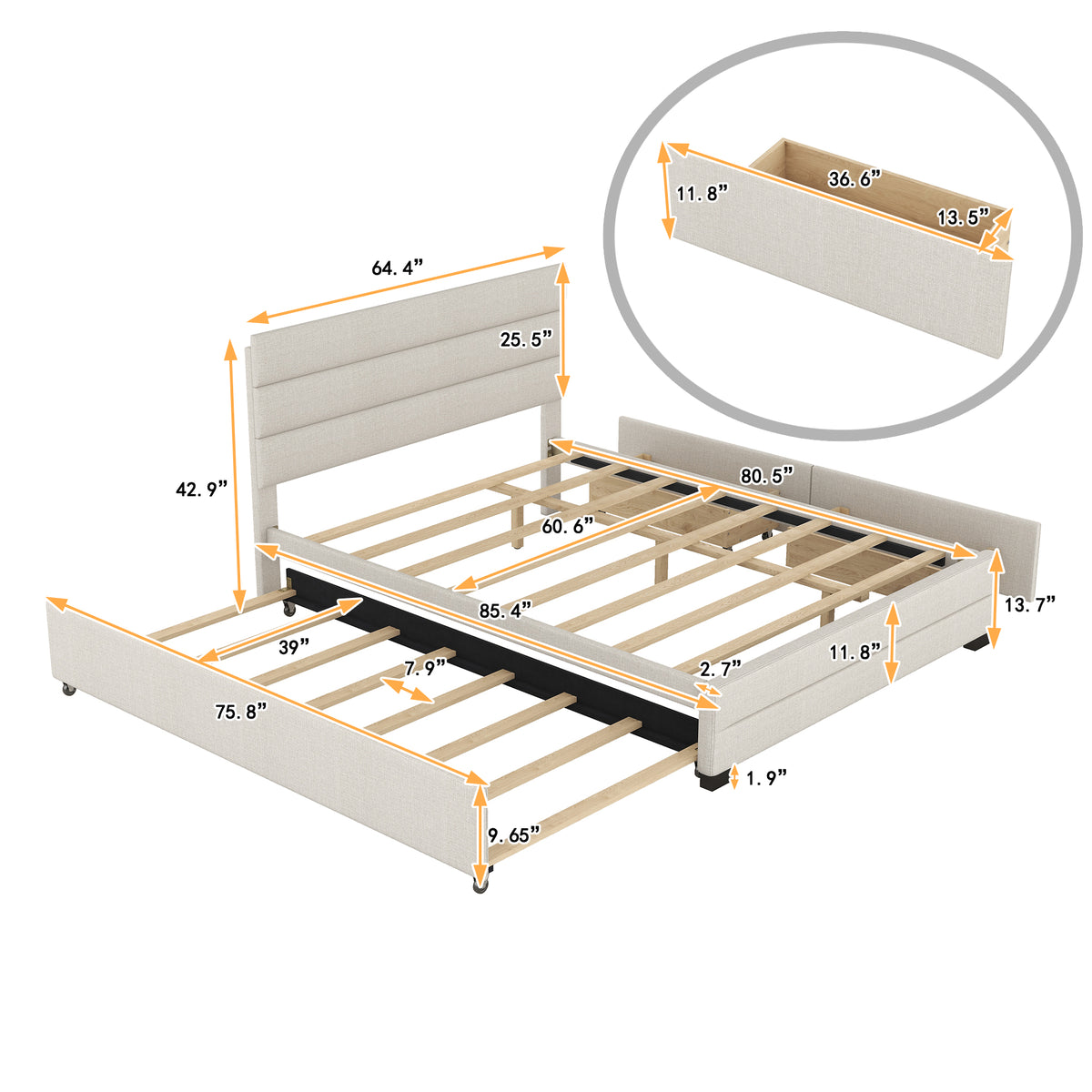 Queen Upholstered Bed with Twin Size Trundle Beige