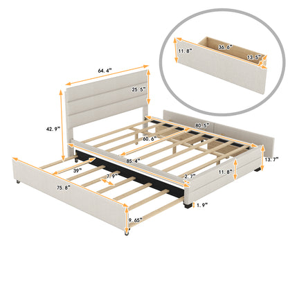 Queen Upholstered Bed with Twin Size Trundle Beige