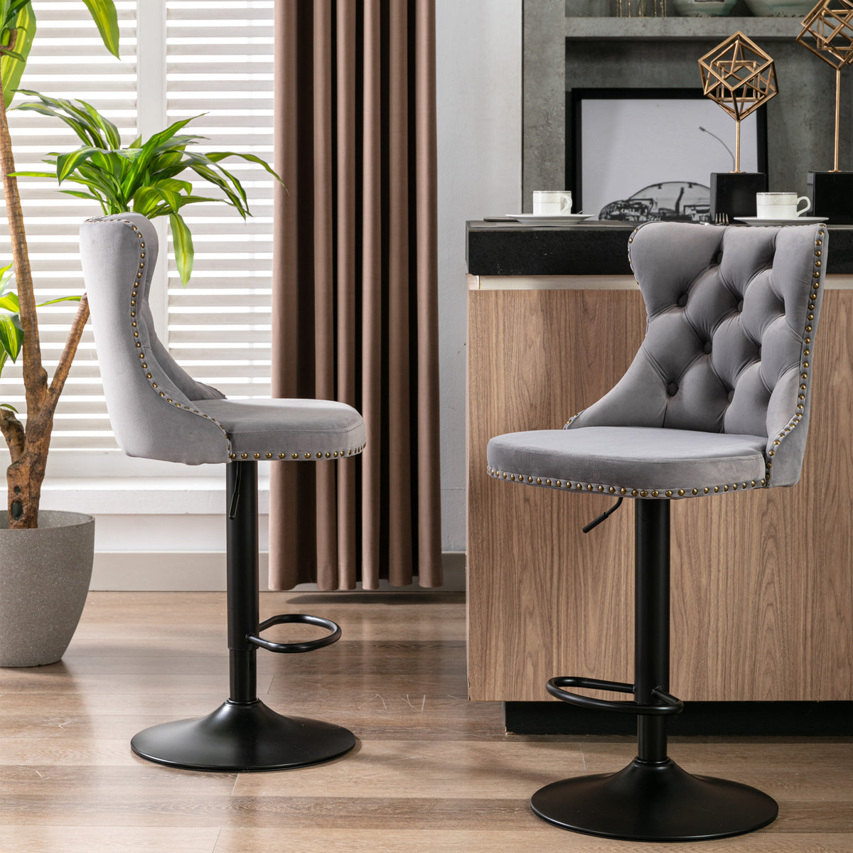 Swivel Velvet Bar Stool Set (2 pcs) – Gray