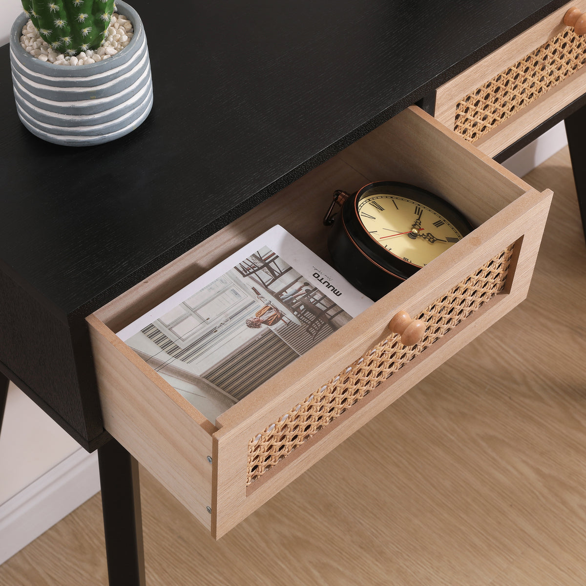 Rattan Side Table with Solid Wood Legs