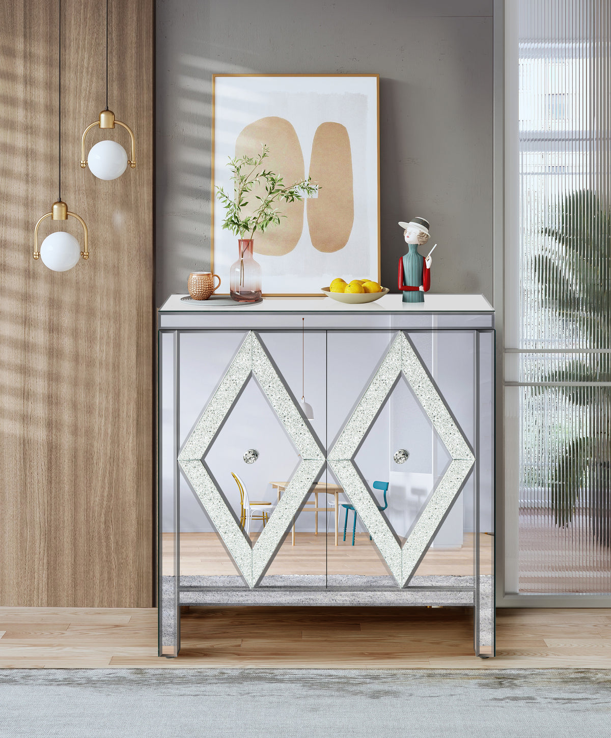 Mirrored Storage Cabinet with Diamond Frame Detailing