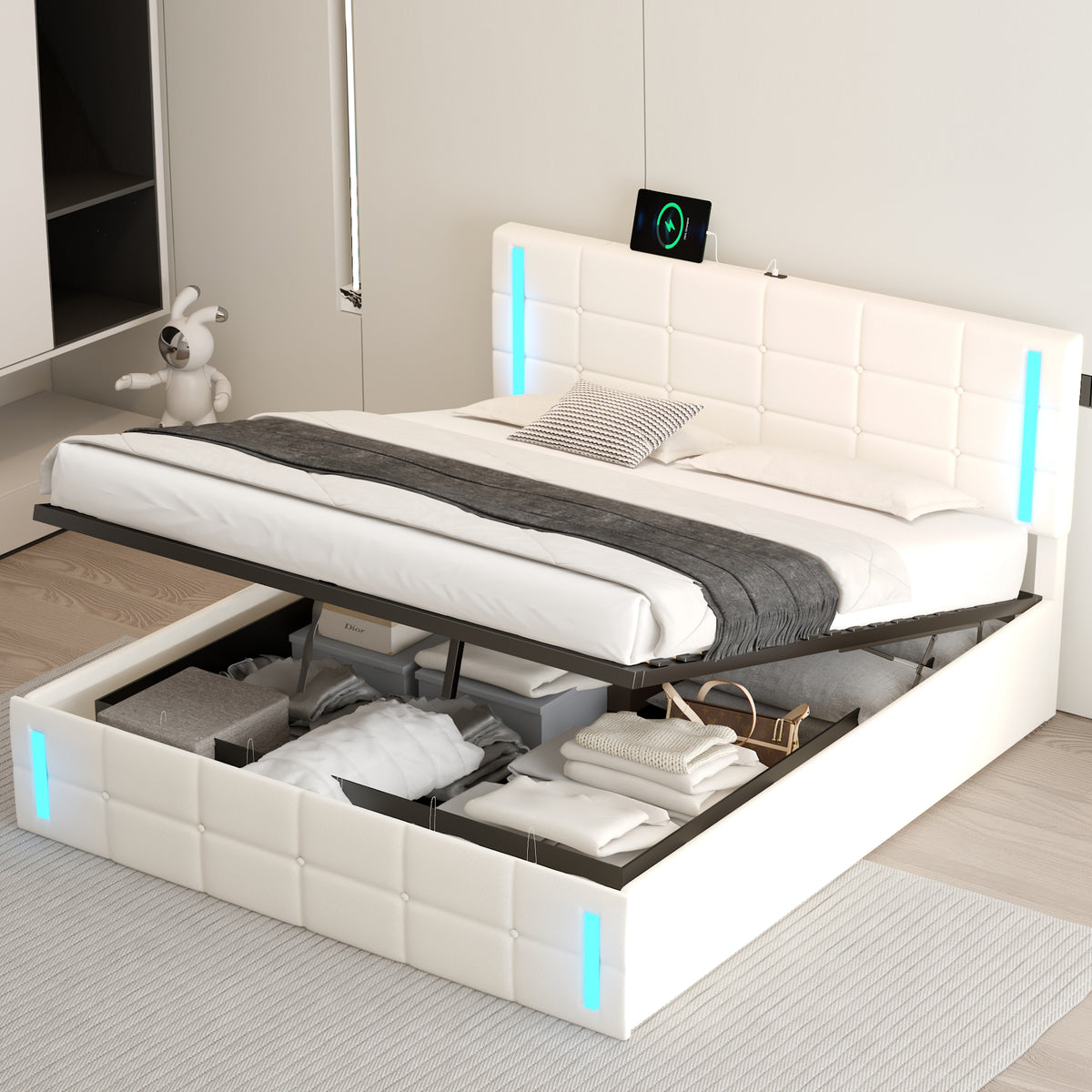 Queen Upholstered Bed with LED White