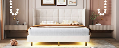 Queen Platform Bed with LED Headboard Beige