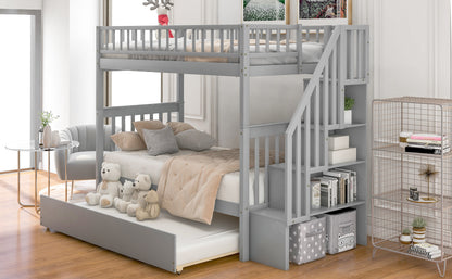 Twin Over Twin Bunk Bed with Trundle Gray