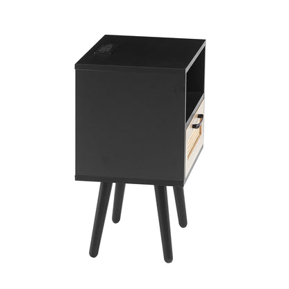 Rattan End Table with Drawer Black Legs