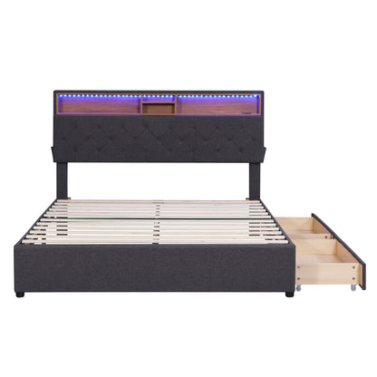 Queen LED Upholstered Storage Bed – Dark Gray