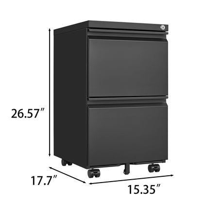 Black 2-Drawer Mobile File Cabinet – 25.6" High with Lock for Legal/Letter Size Files