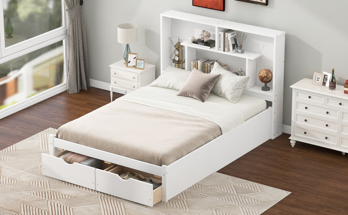 Full Platform Bed with Storage Headboard White