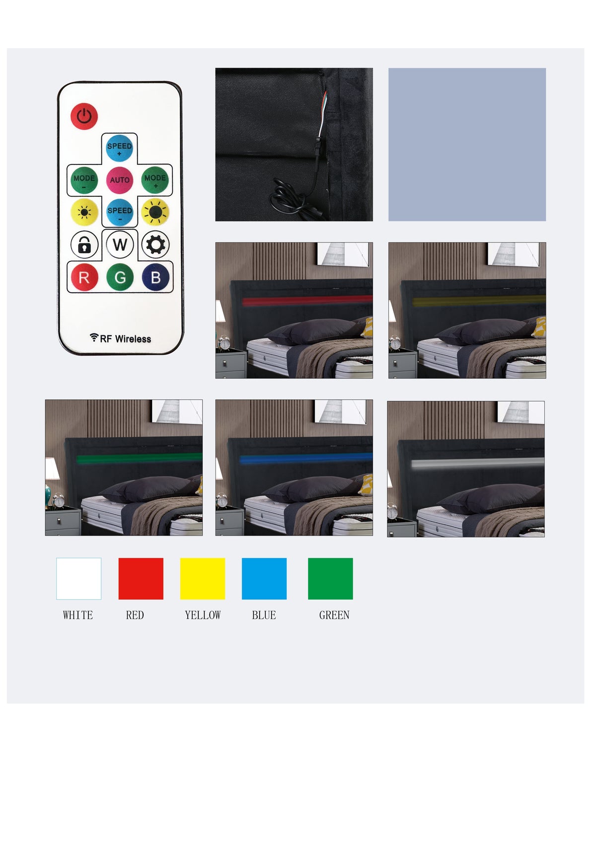LED Upholstered Bed with Remote-Control Lighting – Queen