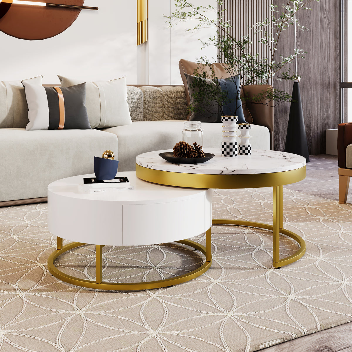 Round Nesting Coffee Table Set White Marble