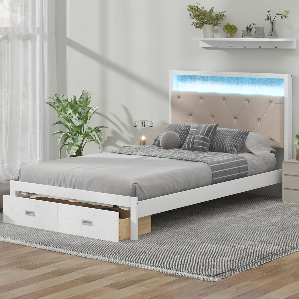 Full Platform Bed with LED Headboard White