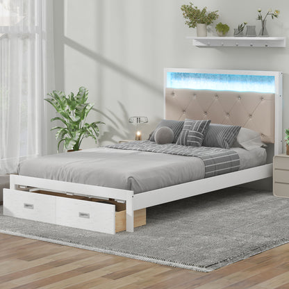 Full Platform Bed with LED Headboard White