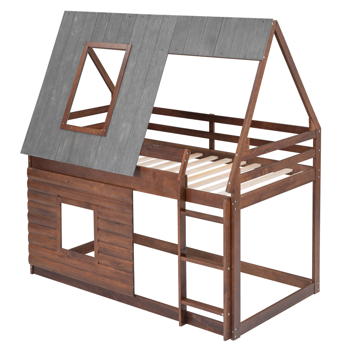 Twin Bunk Bed with Roof Windows Gray