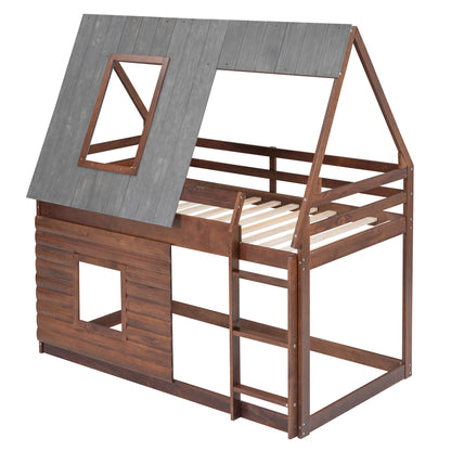 Twin Bunk Bed with Roof Windows Gray