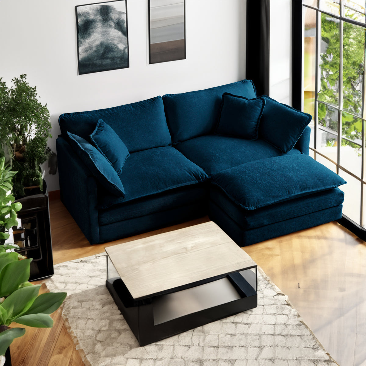 Chenille Sectional Sofa with Ottoman Blue
