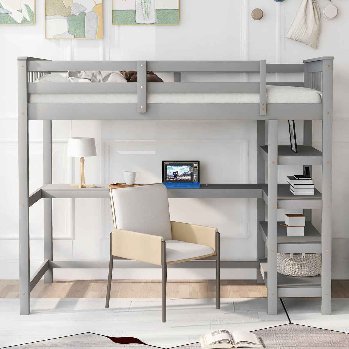 Twin Loft Bed with Storage Gray