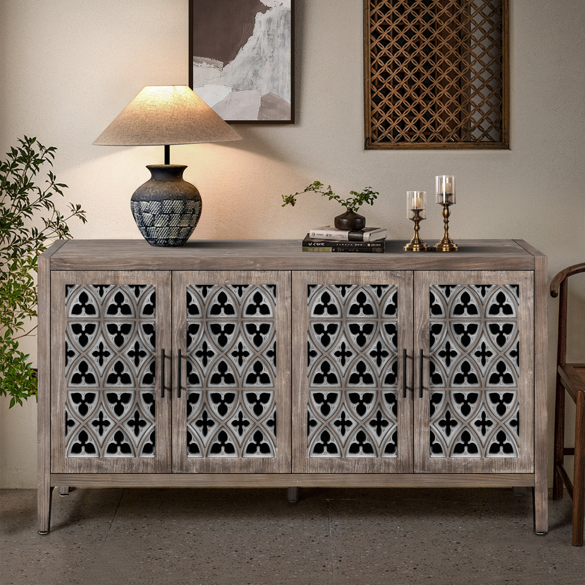 Four-Door Country Media Cabinet with Shelves Brown