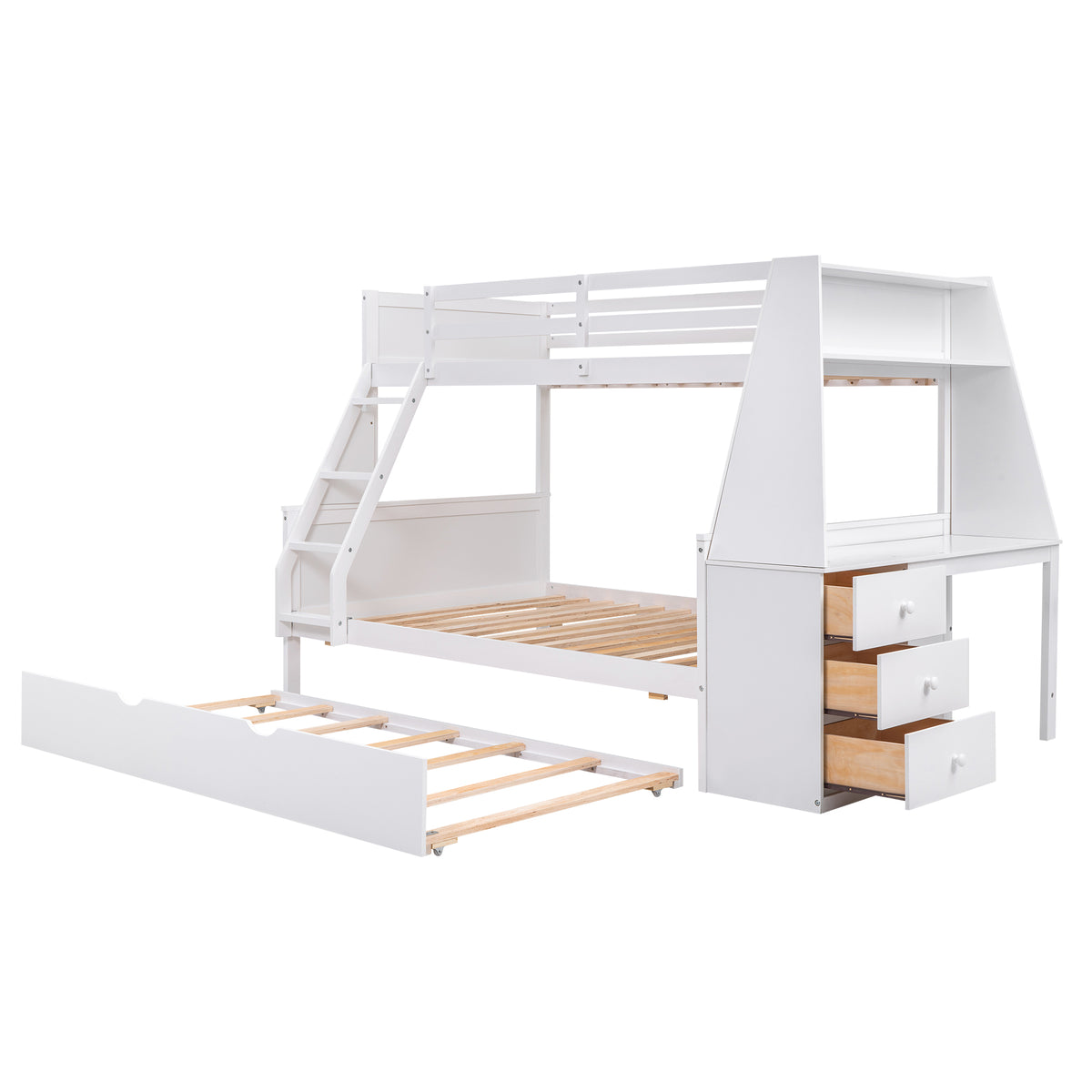 Twin Over Full Bunk Bed with Built-In Desk White