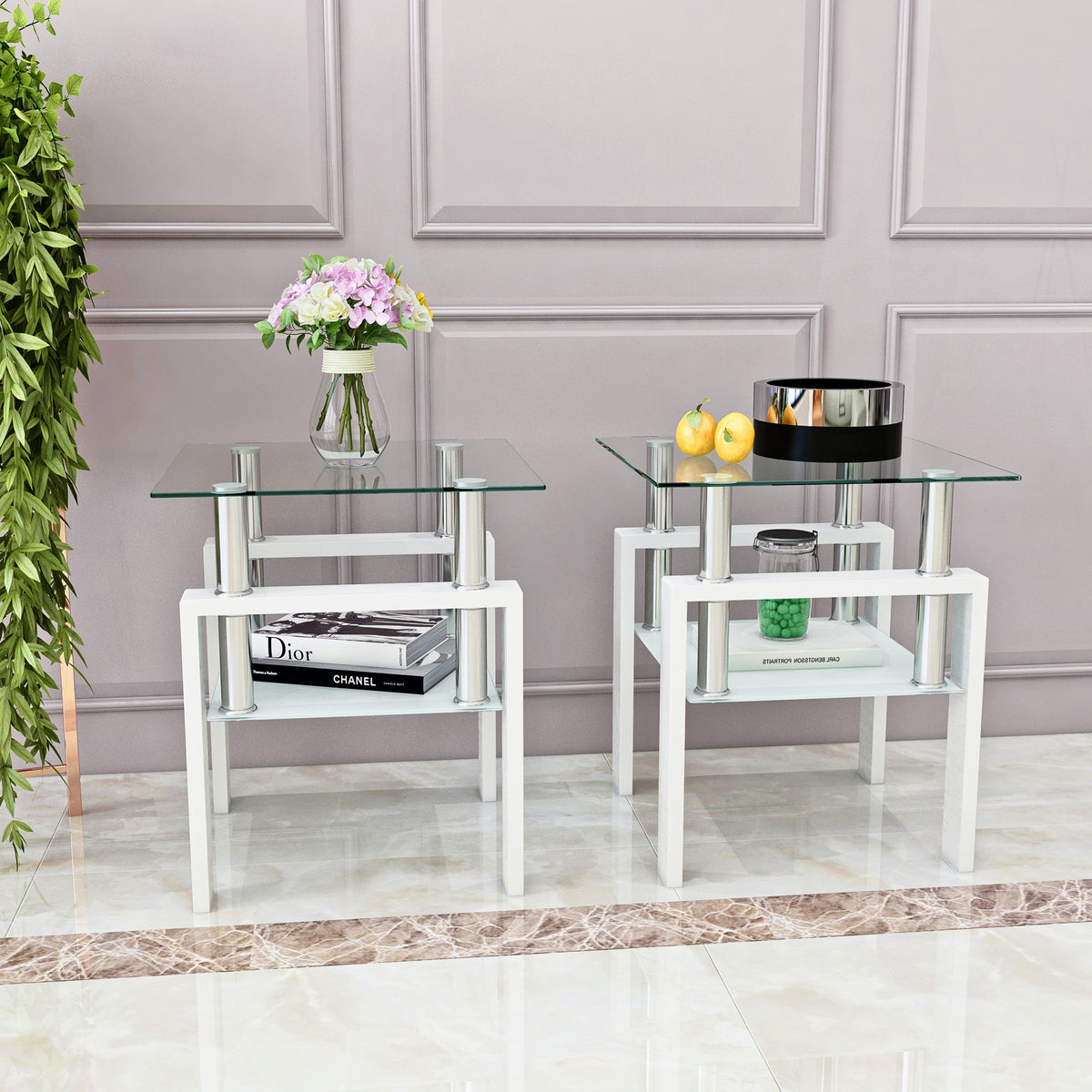 Set of 2 Glass Coffee Tables – Transparent White