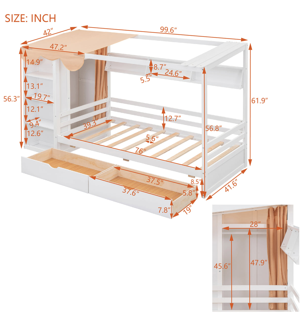 Twin House Bed with Wardrobe White