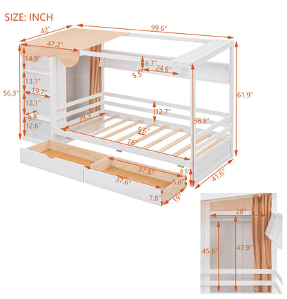 Twin House Bed with Wardrobe White
