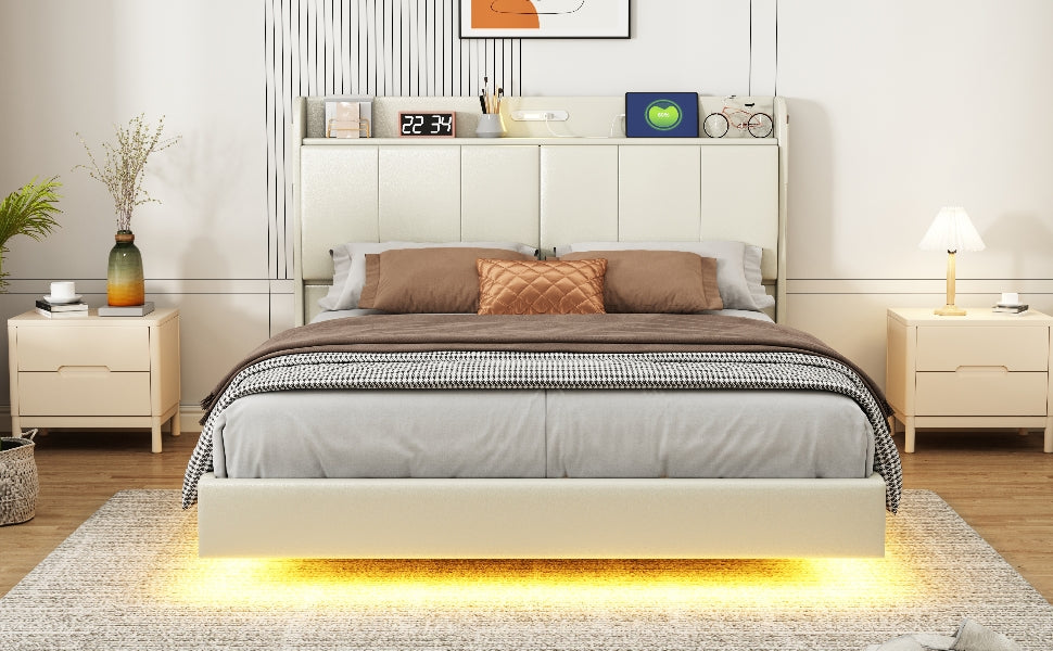 Platform Bed with Sensor Light and USB Beige