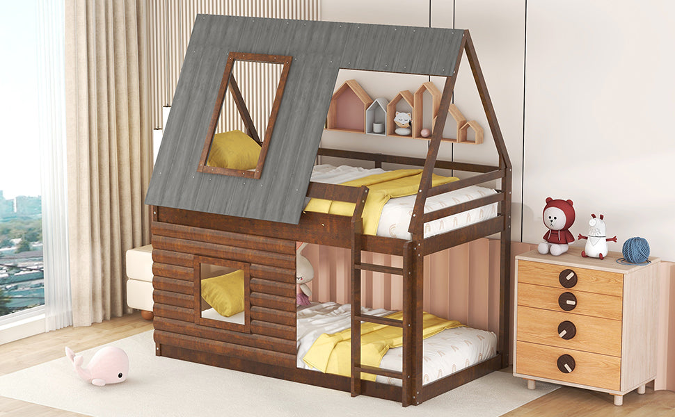 Twin Bunk Bed with Roof Windows Gray