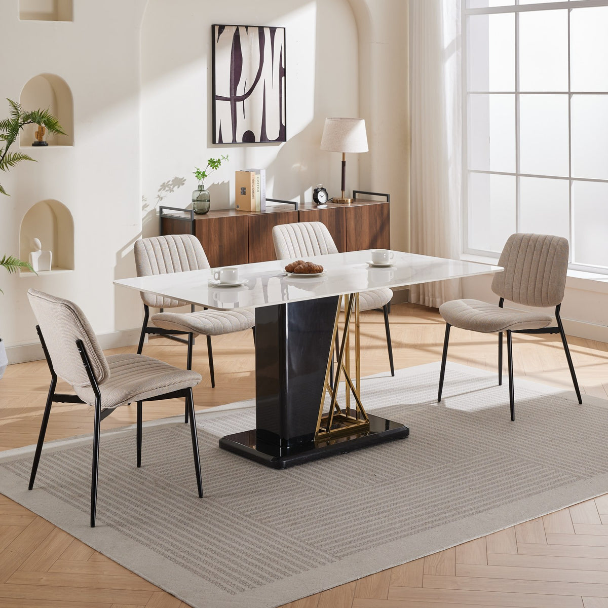 Beige 2-Piece Linen Dining Chair Set – Modern Retro Bentwood Back with Metal Legs