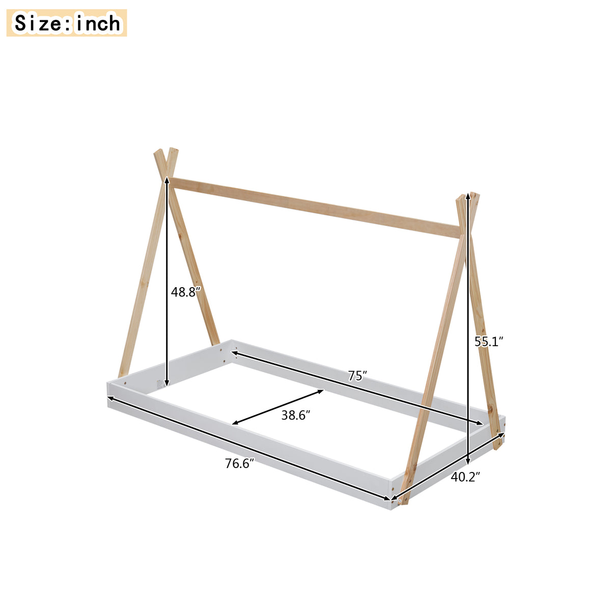 Twin Tent Floor Bed – White Natural Finish