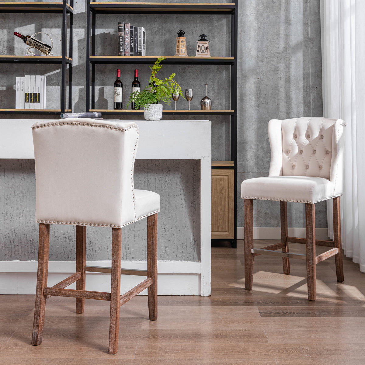 Upholstered Counter Bar Stools Set of 2 Beige