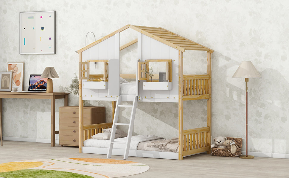 Twin House Bunk Bed Natural White