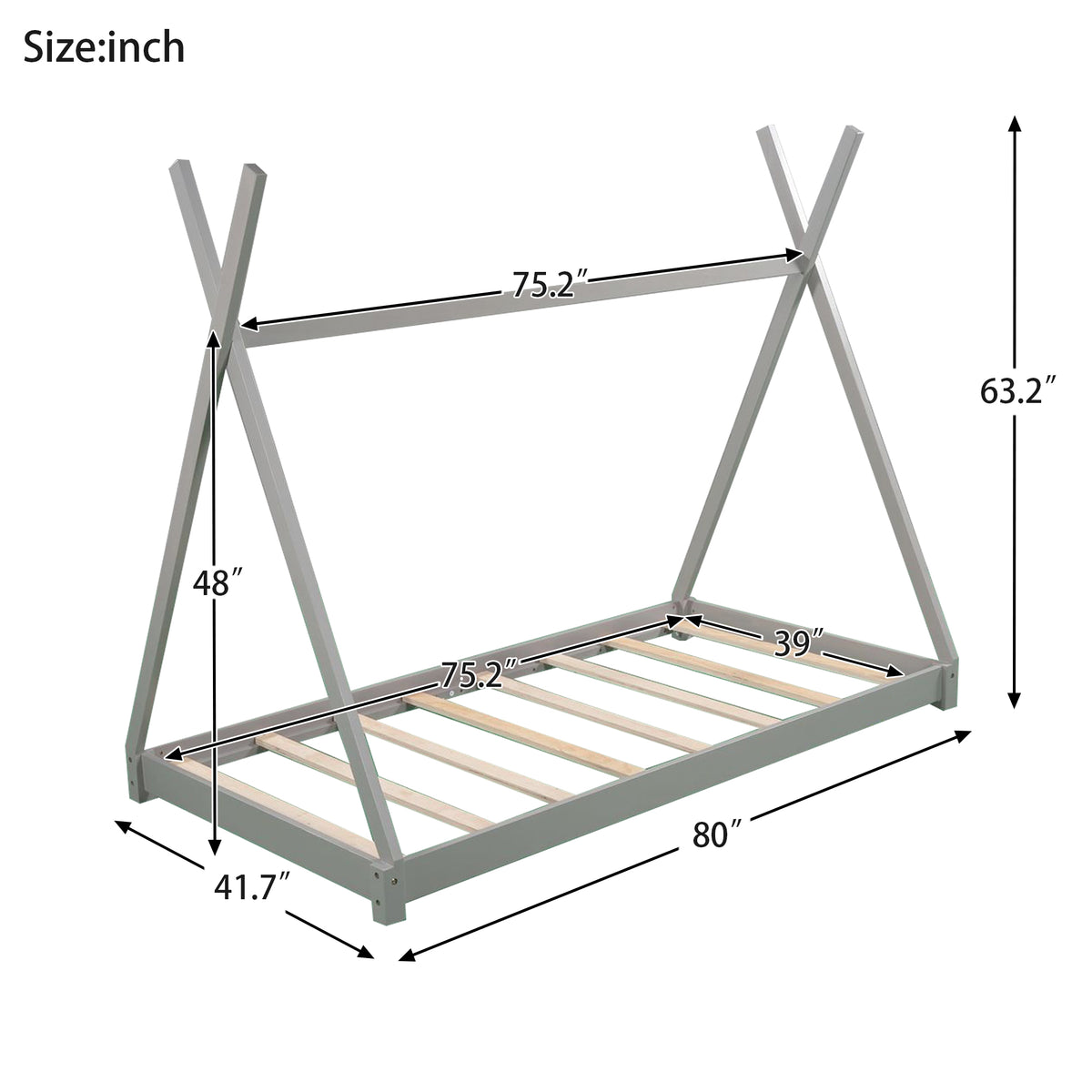 Twin Size Gray House Platform Bed with Triangle Roof