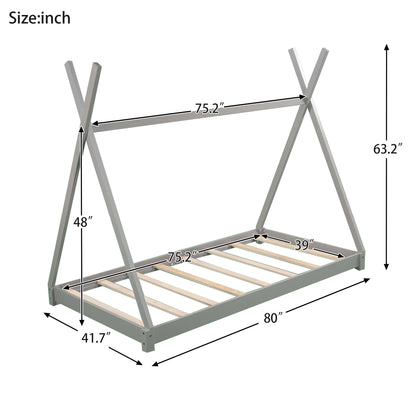 Twin Size Gray House Platform Bed with Triangle Roof