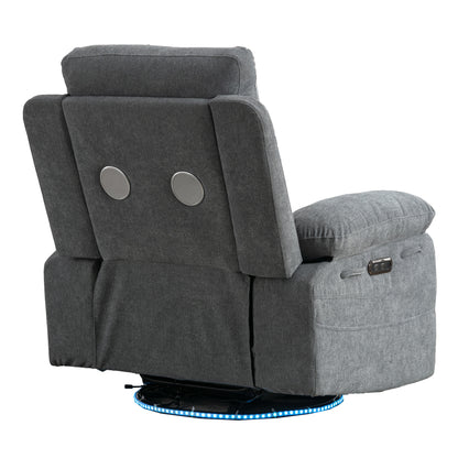 Light Gray 270° Swivel Power Recliner Chair – Linen Upholstery with Bluetooth, LED, USB Charging & Storage