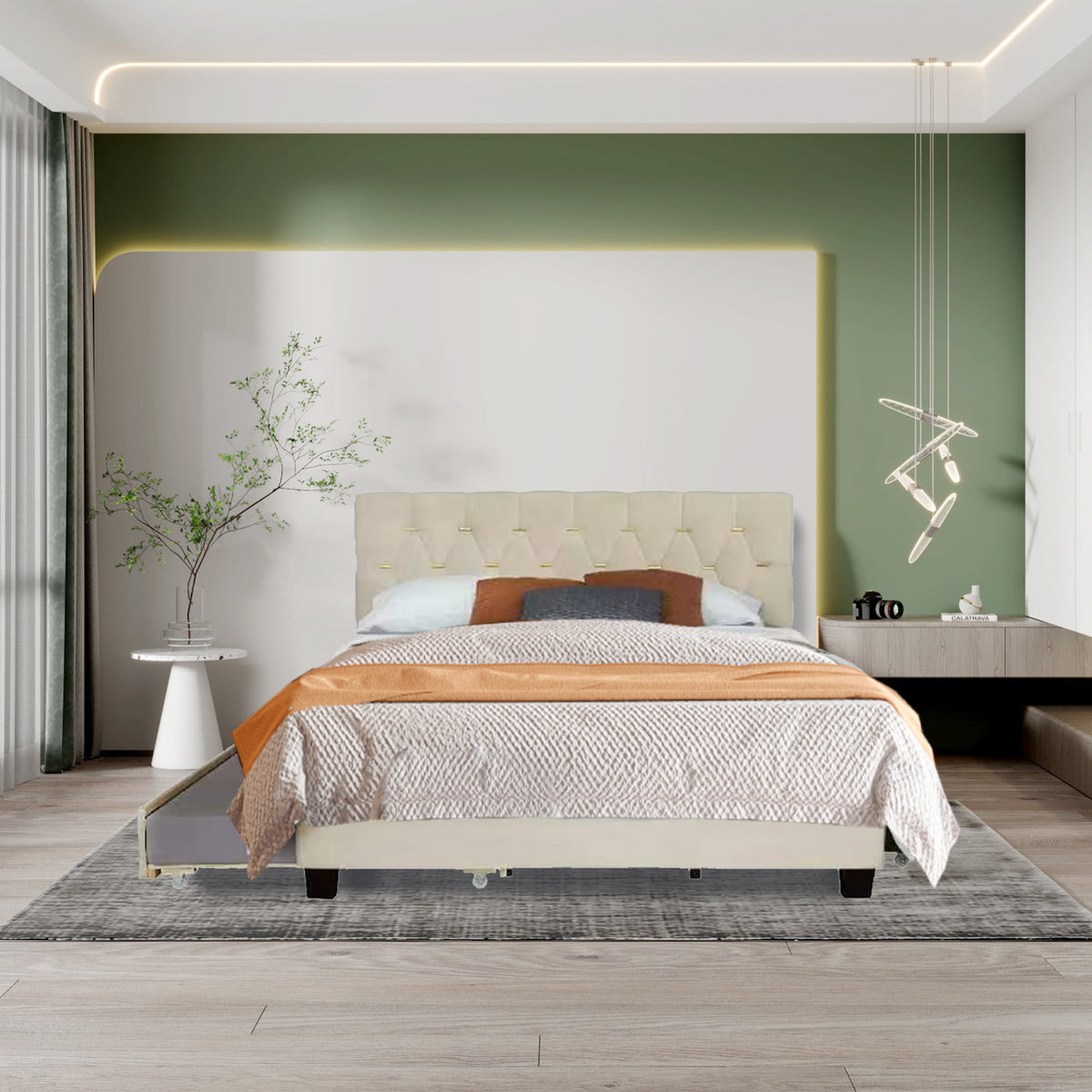 Upholstered Queen Bed with Storage Drawers Beige