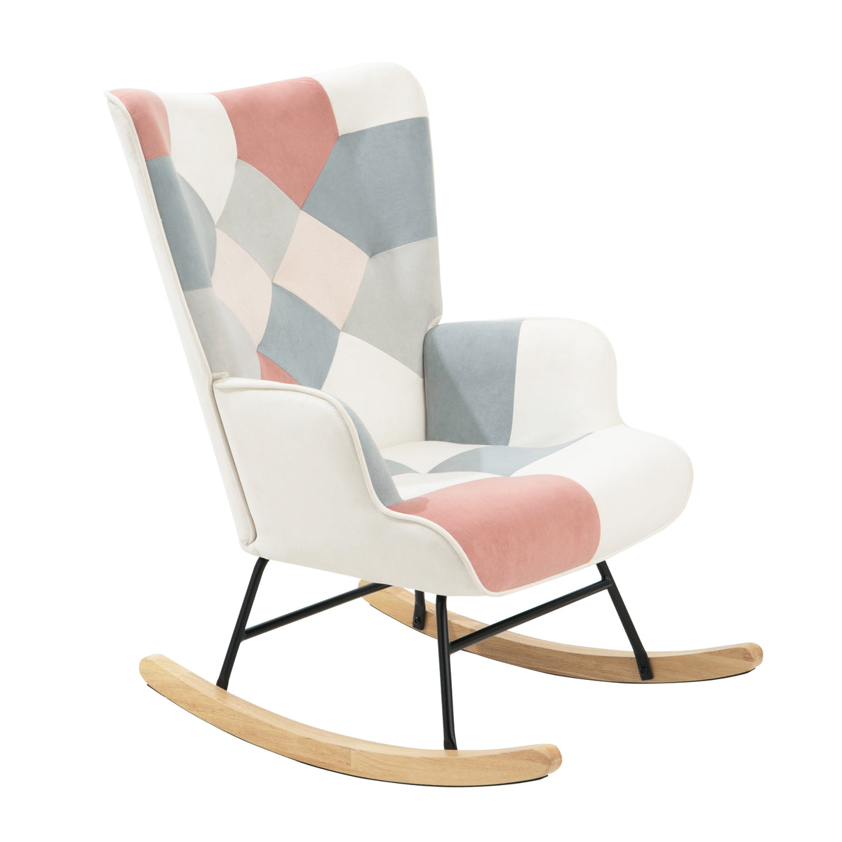 Mid-Century Patchwork Rocking Chair with Ottoman – Wood Legs